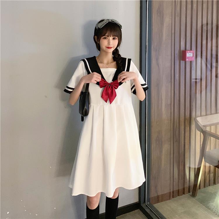 Sixsr Harajuku Sailor Collar Navy Dress Japanese Lolita Sweet Bow-knot Girl Retro Cotton Kawaii Preppy Style Short Sleeve Dress Women