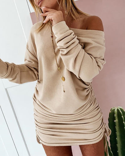 Sixsr Women Sexy Mini Dress Casual Ruffled Drawstring Solid Pencil Dress Autumn Long Sleeve Off Shoulder Pullovers Ladies Slim Dress
