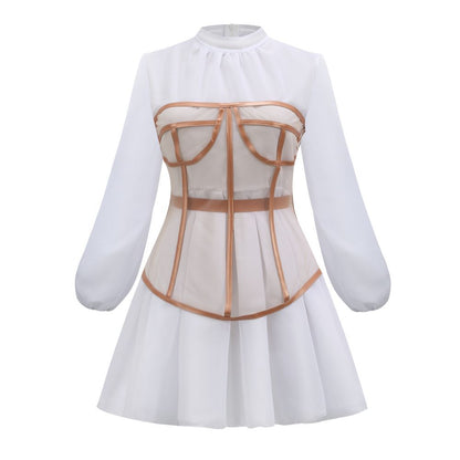 Sixsr New Design 2pcs Summer Dress for Women Black Sexy Corset Dress Vintage Slim Mesh Outfit Clubwear Dress Shirt for Girl's Party