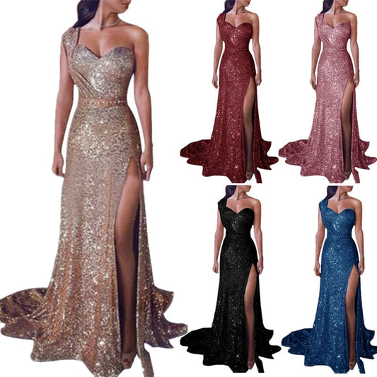 sixsr Big 5XL Fashion Women Dress Sequin Prom Party Fork Opening Ladies Dresses Ball Gown Sexy Gold Evening V-Neck Long Women Dress