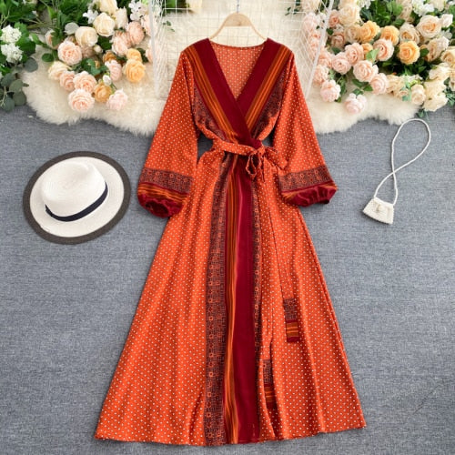 Sixsr Spring Autumn Women Printed Long Dress Vintage Puff Long Sleeve High Waist A-Line Vestidos Female New Fashion Beach Robe