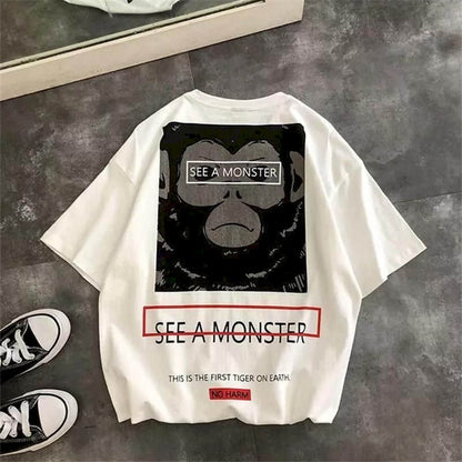 Cool Short-sleeved T-shirt men women Korean loose Harajuku monkey print personality T-shirt hip-hop streetwear bottoming shirt