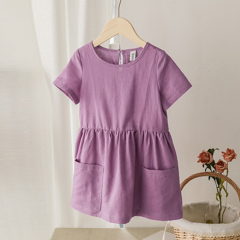 Sixsr Fashion Cotton Linen Summer Girl Dress Yellow Casual Short Sleeve Kids Holiday Dress With Pockets TZ20