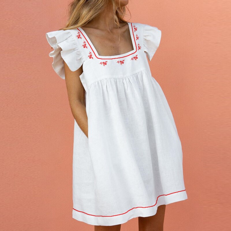 Elegant Butterfly Sleeve Ruffle Mini Dress Casual Square Collar Print Party Dress Women Summer Loose Pocket Beach Dress Vestidos