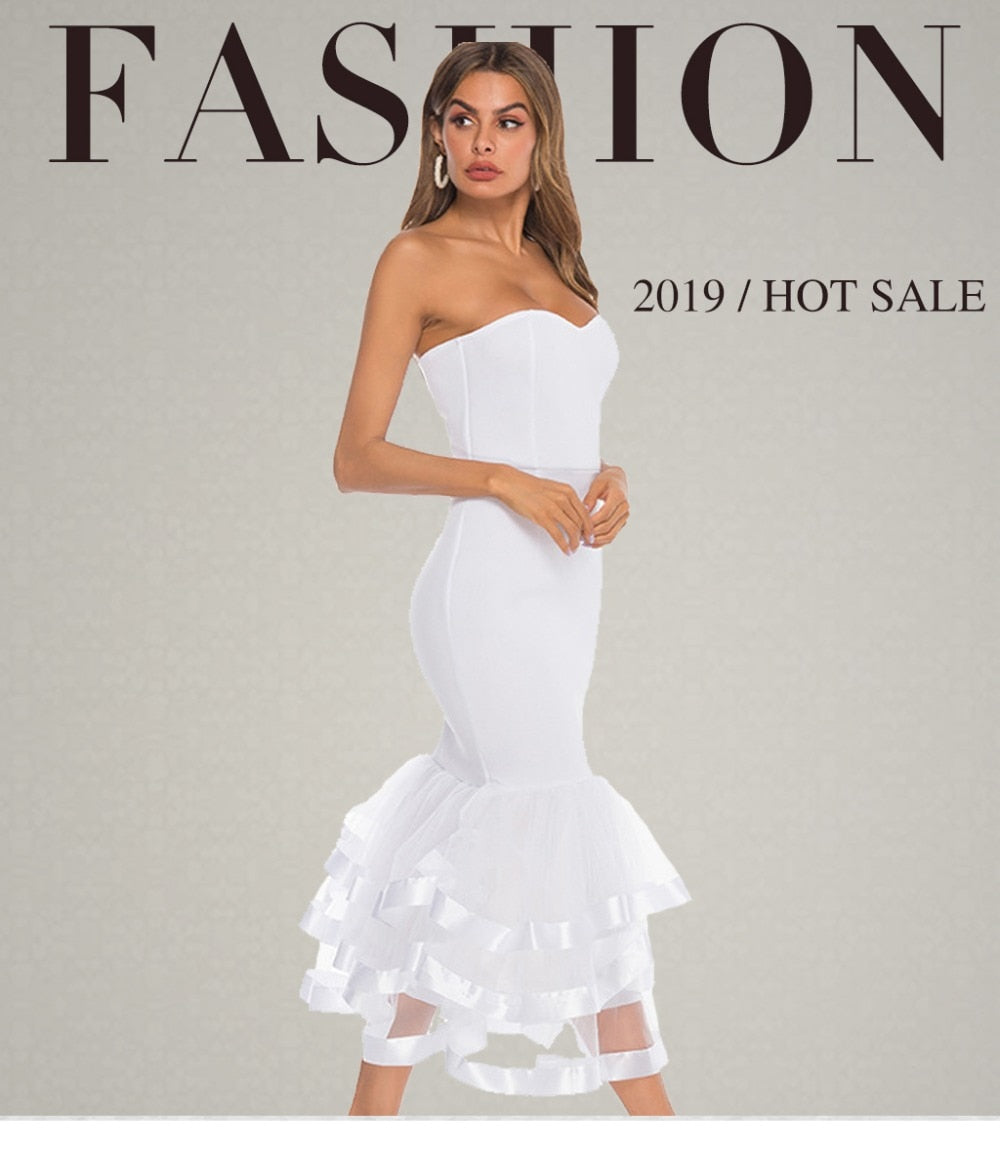 Women White Party Tube Tops Dress Wedding Off Shoulder Sexy Patchwork with Mesh Clubwear Dinner Evening Slim Bodycon Tunic Robes