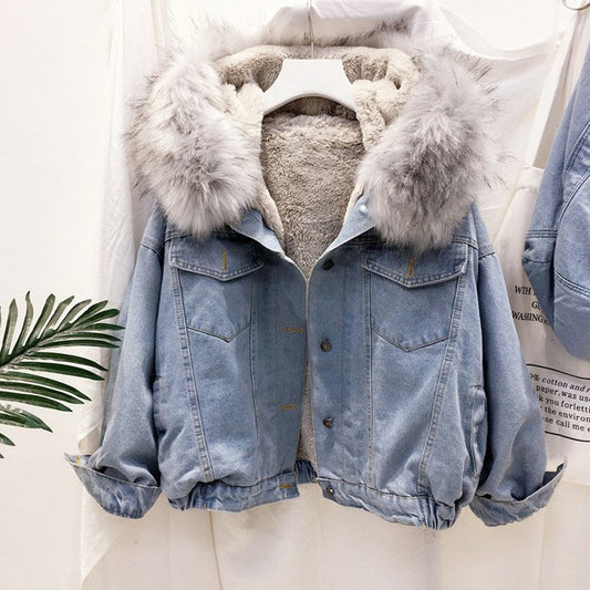 Sixsr velvet thick denim jacket female winter big faux fur collar Korea denim  coat female student short coat