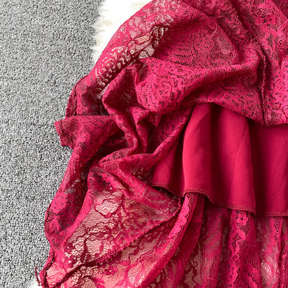 Sixsr Vintage Purple/Green/Red Lace Midi Dress Women Sweet Round Neck Ruffle Vestidos Female High Waist Slim Robe Spring Autumn