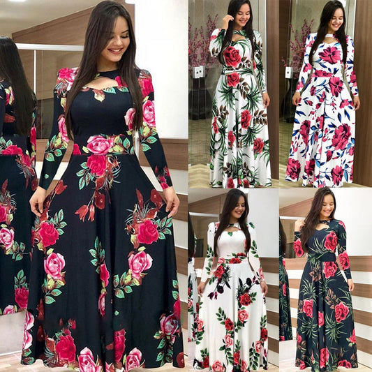 Sixsr S- 5XL Plus Size Elegant Oversized Tunic Women Dress Bohmia Flower Print Maxi Dresses Fashion Hollow Out Long Vestidos