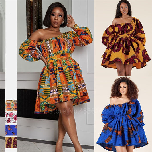 Sixsr African Dresses for Women Full Sleeve Summer Tilting Shoulder Two Wear Dress Dashiki Print African Rich Bazin Top Maxi Clothes