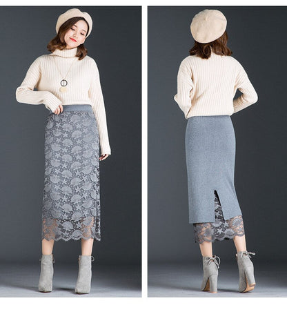 Sixsr Autumn and winter skirt long section jupe femme two sides wearing lace midi skirt split bag hip skirt wool winter skirt