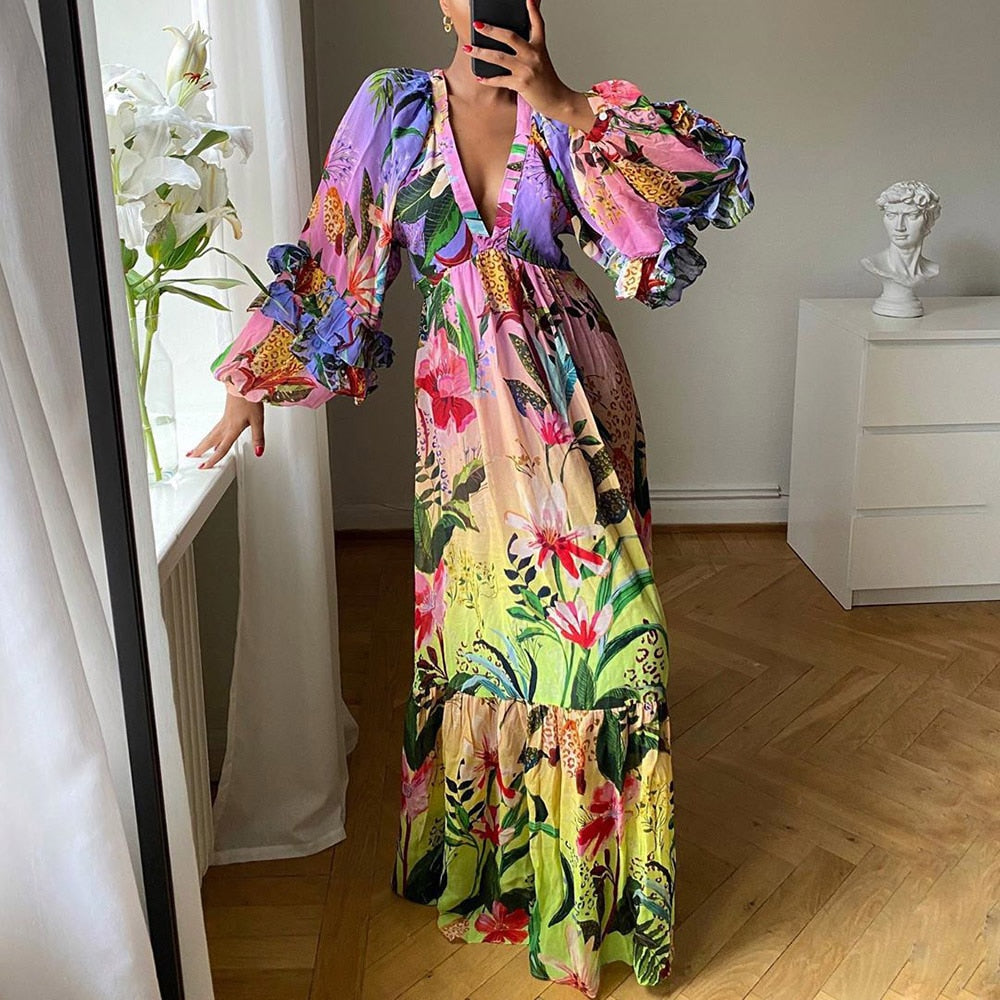 Women Long Maxi Dresses Floral Print Vintage Deep V Neck Sandbeach Holiday Dress Bohemian Vestidos African Sexy Party Dress