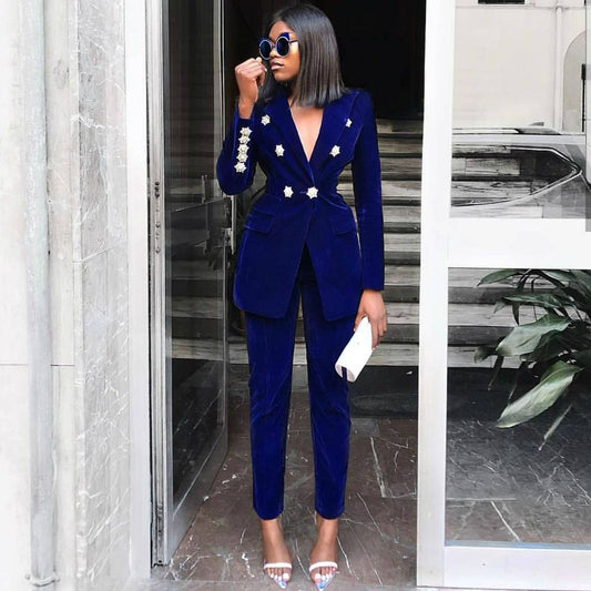 sixsr Summer Sets for Women New Navy Blue V Neck Long Sleeve Sexy 2 Piece Set Outfits High Quality Two Piece Set Suit