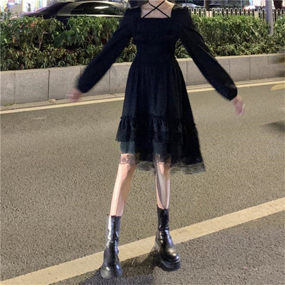 Sixsr New Gothic Women Black Fairy Party Dress Cross Square Collar Lolita Princess Irregular Dress Cute Kawaii Lace Ruffles Chic Dress