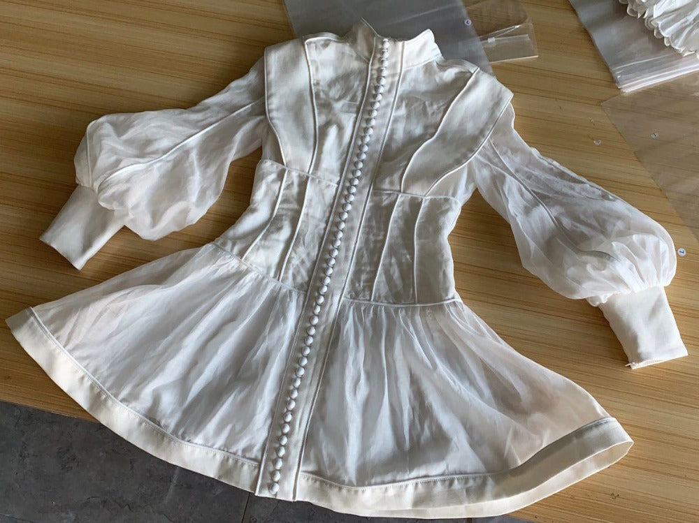 Sixsr High-end Custom Fashion runway Dresses Stereoscopic cut slender button with bubble sleeves ladies dress