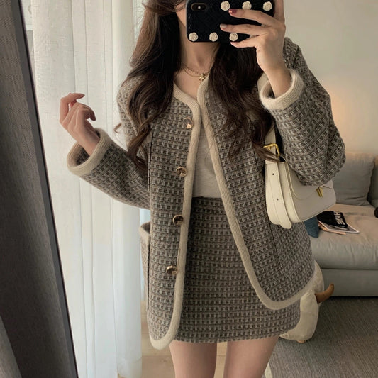 Sixsr Autumn Winter Korean Fashion Casual Plaid Tweed 2 Piece Set Women Jacket Coat + Mini Skirt Suits Female Vintage Two Piece Sets