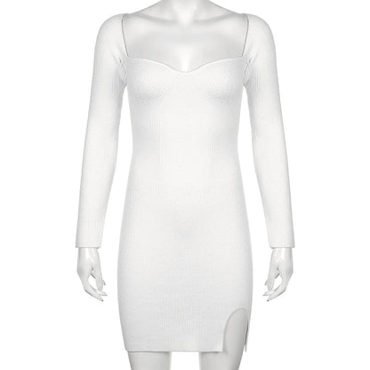 Sixsr Bodycon Knitted Women Sweater Dress Long Sleeve Sexy Off Shoulder Split Elegant Party Dresses Fashion Autumn Winter