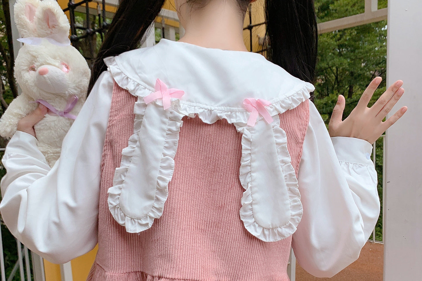 Japan Autumn Kawaii Lolita Two-piece Suit Cosplay Loli Bow Rabbit Ears Shirt Sweet Soft Girl Sleeveless Ruffles Suspender Dress