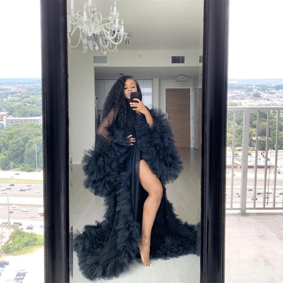 Chic See Thru Tulle Ruffles Photo Bathrobe Black Long Kimono Tiered Ruched A-line Prom Gowns Puffy Sleeves Bridesmaid Shawl Cape