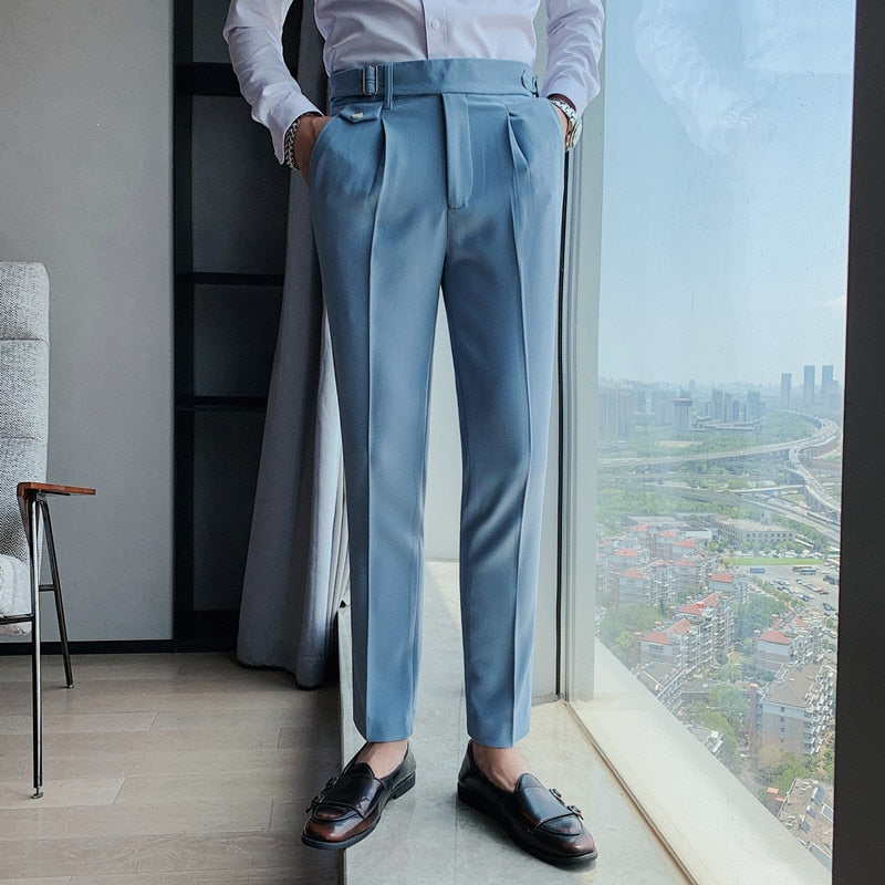 Sixsr New Design Men High Waist Trousers Solid England Business Casual Suit Pants Belt Straight Slim Fit Bottoms White Clothing