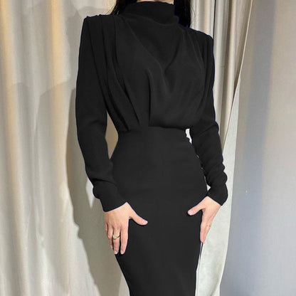 New Fashion Solid Party Dress Women Elegant Stand Collar Pleated Slim Long Dresses Lady Autumn Spring Casual Commute Dress