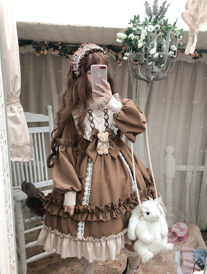 Sixsr Japanese Gothic Lolita Dress Women Kawaii Bow Bear Lace Blue Dress Long Sleeve Princess Dress Halloween Costume Gift For Girls