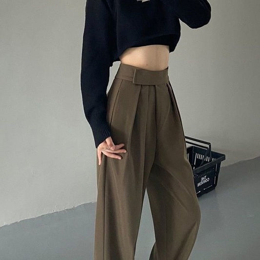 Sixsr Brown Wide Leg Women's Classic Suit Pants Vintage Palazzo Office Elegant Casual Balck Trousers Female High Wasit Pants