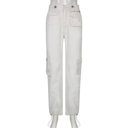 Sixsr  Women Spring Fashion Multi Pockets White Cargo Pants Women Adjustable Low Waist Baggy Wide Leg Jeans Oversized Casual Trousers Retro Bottoms Iamhotty