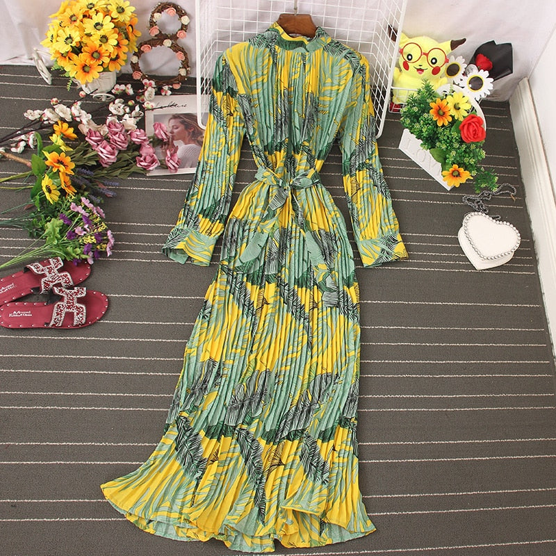 Autumn New Dress Temperament Turtleneck Waist Slim Long Sleeves Lace Up Wild Floral Maxi Vestidos UK016