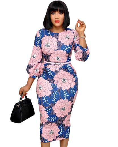 Sixsr Women Bodycon Printed Dress Three Quarter Sleeves Midi Office Ladies Work Wear Elegant Classy Vestidos African Female Plus Size