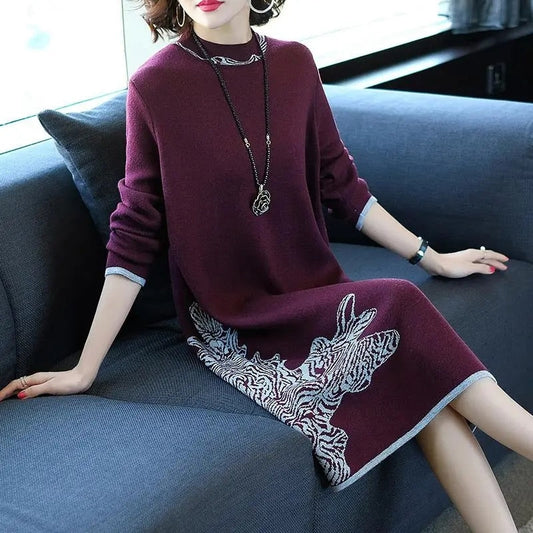 sixsr Trends  high quality New Year Women's Autumn/Winter Long Sleeve Knitted Wool Dress Loose High Collar Knee-Length Dress Slim Casual Dress Party Dress