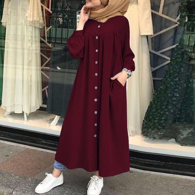 Plus Size Muslim Dresses Woman Shirt Dress Long Sleeve Maxi Vestidos Female Button Robe High Wasit Solid Sundress