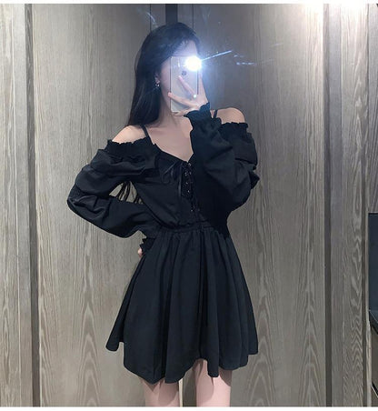 Sixsr Gothic Black Dress Women Casual Button Lace Evening Party Sexy Mini Dress Female Long Sleeve One-piece Dress Korean Autumn