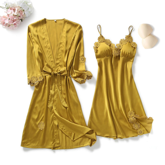 Yellow Robes Suit Autumn Women Nightgown Sets 2 Pieces Nightdress Bathrobe With Chest Pad Female Satin Kimono Bath Gown Sleepwea