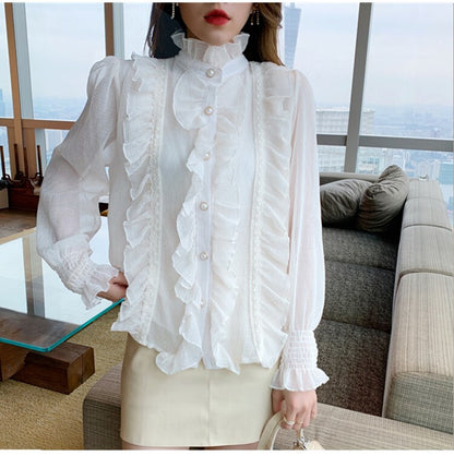 Woman Chic Long Sleeve Stand Collar Blouses Women Casual Loose White Tops Korean Lace Ruffles Elegant Chiffon Shirt Blusas