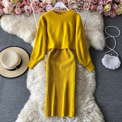 Sixsr New Fashion Autumn Winter Women's Thicken Warm Knitted Pullover Sweater Two-Piece Suits +High Waist dress Set