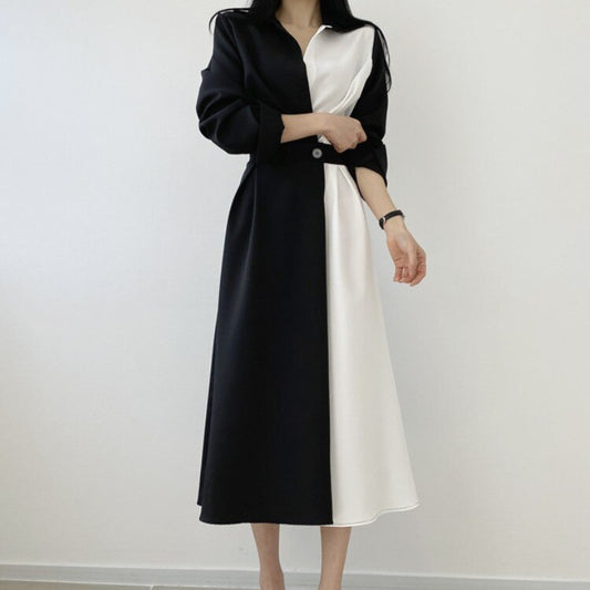 Sixsr Spring Autumn Retro Temperament Contrast Color Lapel Long-Sleeved Shirt Female Midi Dress Korean Elegant Fashion Slim Chic Dress