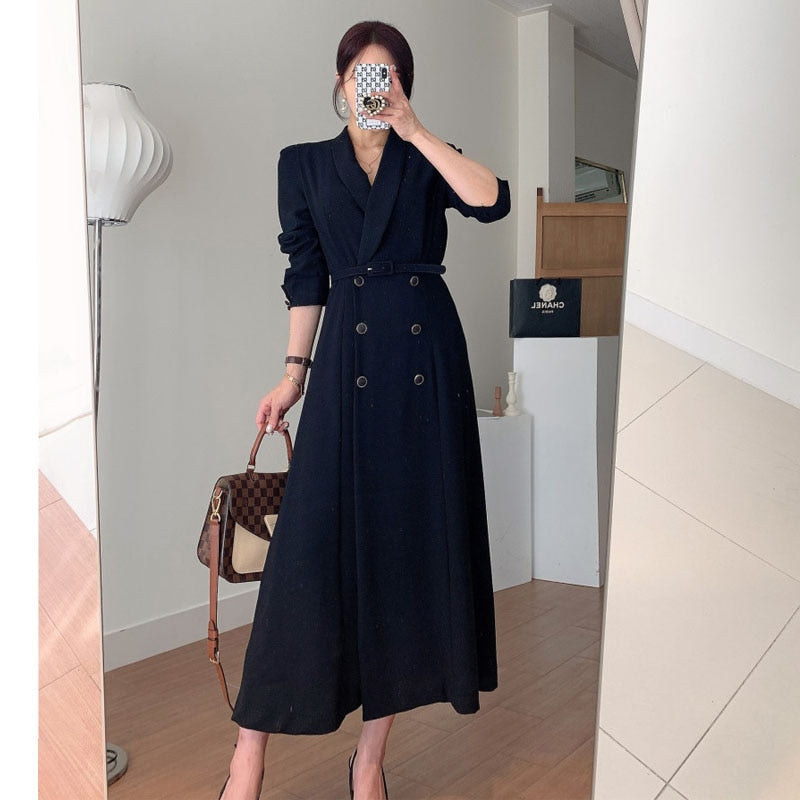 Sixsr New French Spring Elegant Double Breasted Belted Sashes Women Suit Dress Autumn Office Long Sleeve Slim Waist Female Dress