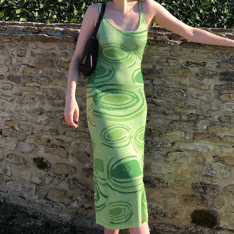 Sixsr Paisley Print Knit Dress Women Green Y2K Summer Sexy Bodycon  Sleeveless Spaghetti Strap Beach Party Midi Dresses