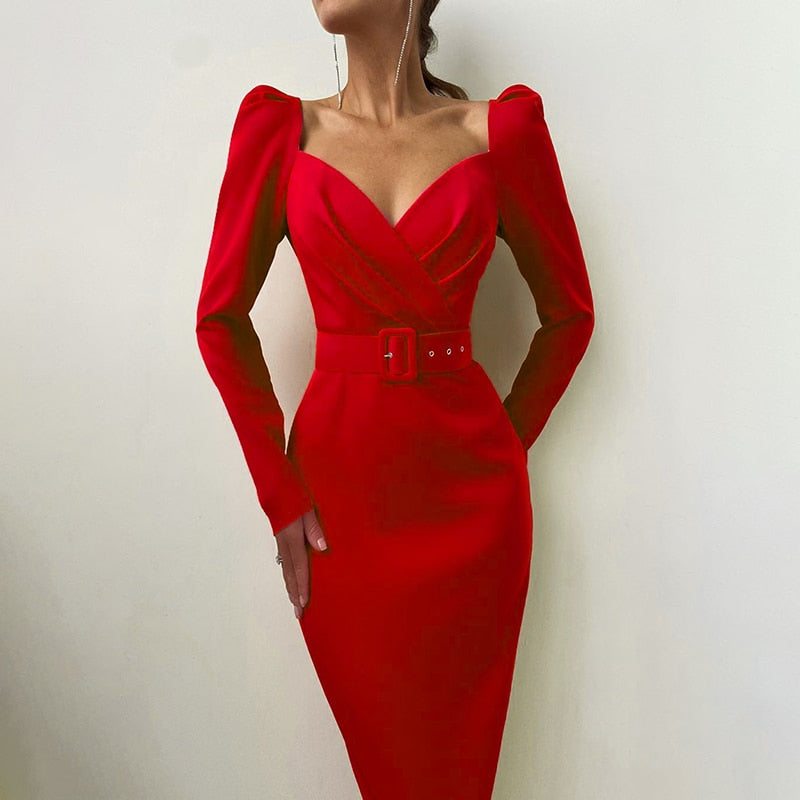 Sixsr InstaHot Elegant Party Women Dress Slim V Neck Long Sleeve Mid Calf Pencil Dress Casual Office Lady Solid Red Puff Sleeve