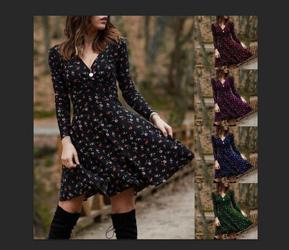 Sixsr Spring Summer Long Sleeve V Neck Flowers Print Boho Dress Women Elegant Vintage Floral Printed Casual  Green A-line Swing Dress
