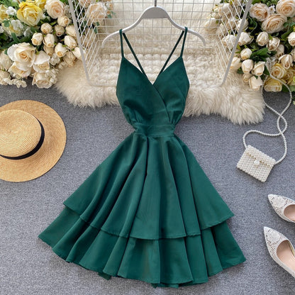 Sixsr Summer Spring Beach Holiday V-Neck Backless Lace Up Ruffles Cakes Solid Elegant Women Lady A-line High Waist Dress