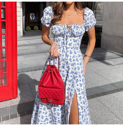 Sixsr Summer Women's Wear, Bohemian Style Bubble Sleeve Floral Split Long Dress, High Waist Sexy Party Elegant Bandage Dress