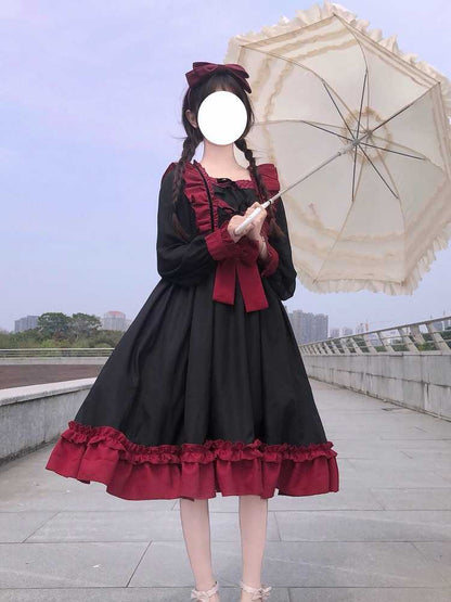 Sixsr Japanese Harajuku Gothic Bandage Bow Splice Dress Sweet Lolita Girl Cosplay Dress Kawaii Ruffles Bow Women Party Dress