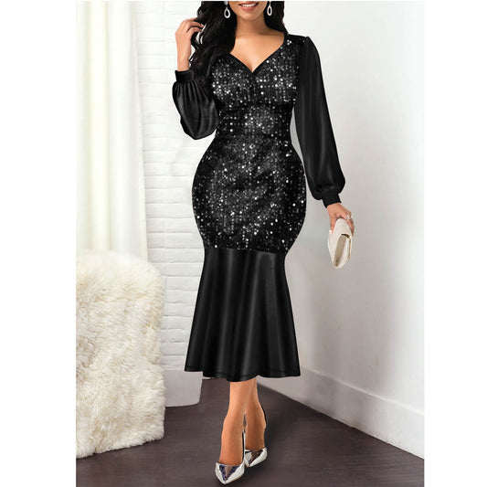 sixsr Women Dress Summer Elegant Sexy V Neck Sequine Evening Wedding Party Dress Plus Size High Waist Bodycon Mermaid Dresses 5XL