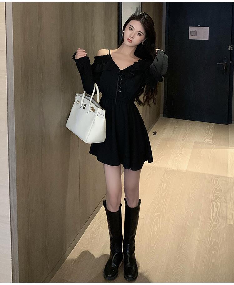 Sixsr Gothic Black Dress Women Casual Button Lace Evening Party Sexy Mini Dress Female Long Sleeve One-piece Dress Korean Autumn