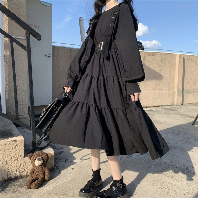 Sixsr Gothic Style Dress Women Harajuku Gothic Lolita Kawaii Dress Punk Cute Long Sleeve Black Midi Dress Emo Mall Goth