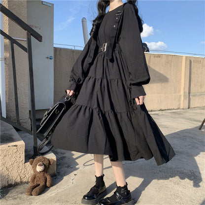 Sixsr Gothic Style Dress Women Harajuku Gothic Lolita Kawaii Dress Punk Cute Long Sleeve Black Midi Dress Emo Mall Goth