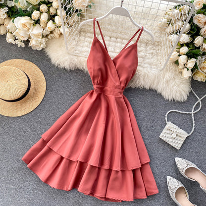 Sixsr Summer Spring Beach Holiday V-Neck Backless Lace Up Ruffles Cakes Solid Elegant Women Lady A-line High Waist Dress