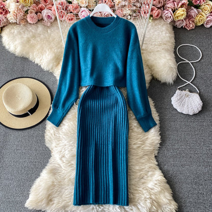 Sixsr New Fashion Autumn Winter Women's Thicken Warm Knitted Pullover Sweater Two-Piece Suits +High Waist dress Set