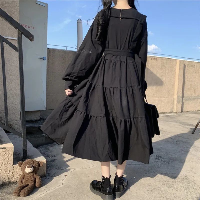 Sixsr Gothic Style Dress Women Harajuku Gothic Lolita Kawaii Dress Punk Cute Long Sleeve Black Midi Dress Emo Mall Goth